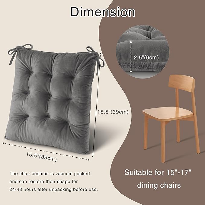 OVOV Chair Cushions for Dining Chairs Set of 6 Tufted Indoor Chair Pads with Ties Soft Square Seat Cushions for Kitchen Chairs 15.5"x15.5",Grey