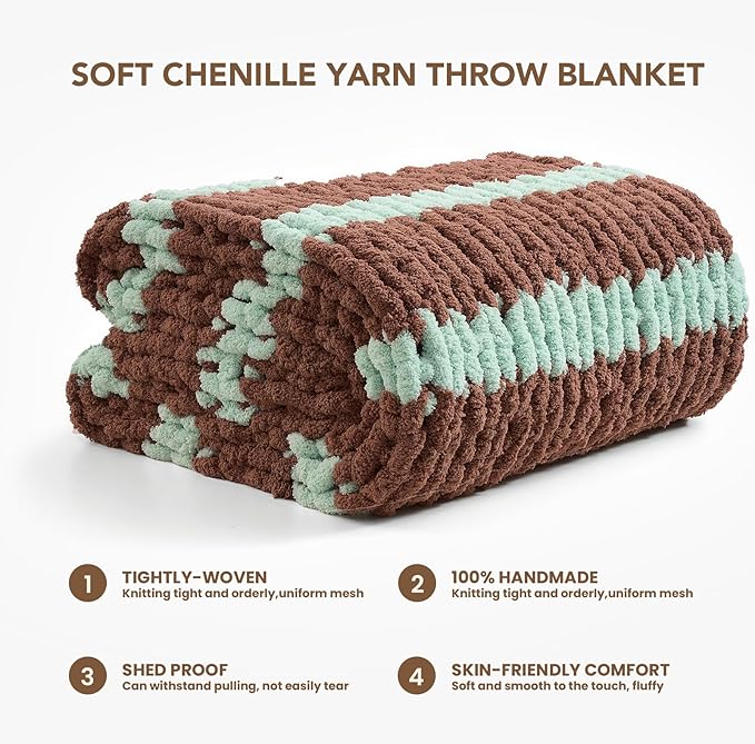 L'AGRATY Chunky Knit Blanket Throw: 50''x60'' Chenille Chunky Knitted Throw Blankets for Bed Couch - Handmade Thick Cable Knit Blanket - Large Crochet Rope Blankets for Home Decor