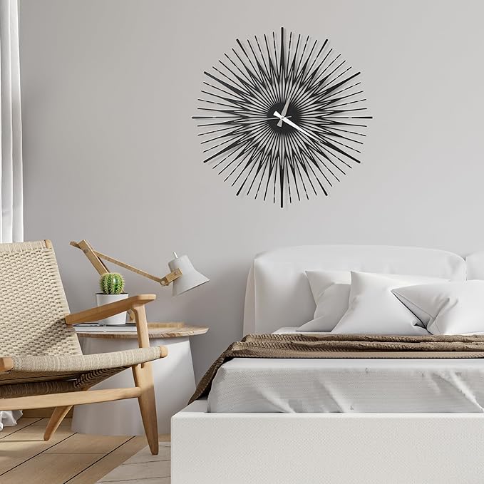 Sun Rays Wall Clock, Large Metal Decorative Wall Clock, Modern Minimalist Wall Decor (Black, Large)