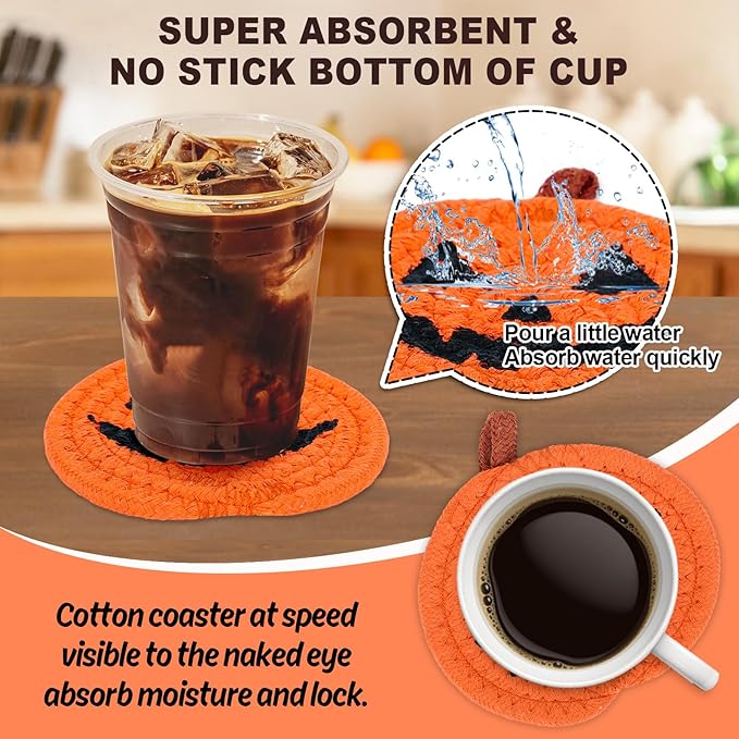 Whaline 4Pcs Halloween Pumpkin Handmade Braided Cotton Coasters Orange Black Pumpkin Shape Drink Coasters Absorbent Cup Coasters for Home Office Party Decor, 4.7 Inch