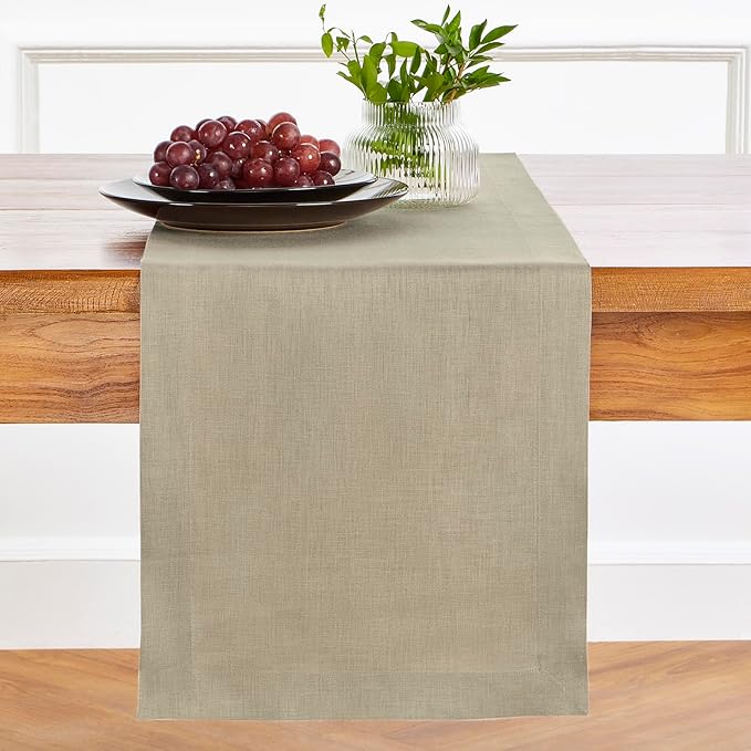Solino Home Linen Table Runner 48 Inches - 100% Pure Linen Vintage Khaki Table Runner 14 x 48 Inch Ideal for Dresser and Coffee Tables - Fall, Autumn, Thanksgiving - Fete