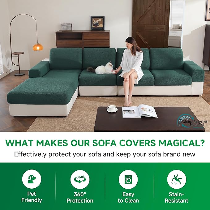 Couch Cushion Covers for Sectional Sofa, Stretch Soft Sofa Slipcovers Washable Wear-Resistant Universal Furniture Protector for Living Room(2 Seaters Covers, Green)