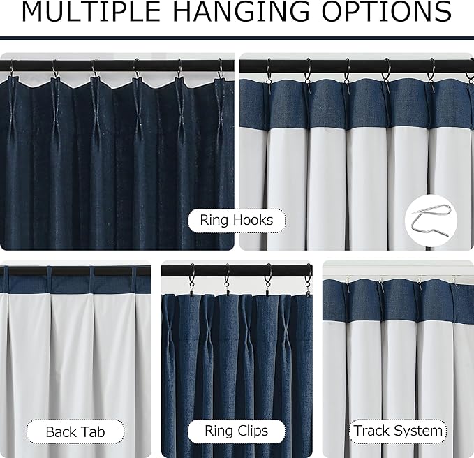 Vision Home Navy Blue Pinch Pleated Full Blackout Curtains Linen Blended Room Darkening Window Panels 108 inch for Living Room Bedroom Thermal Insulated Pinch Pleat Drapes with Hooks 60" Wx108 Lx1