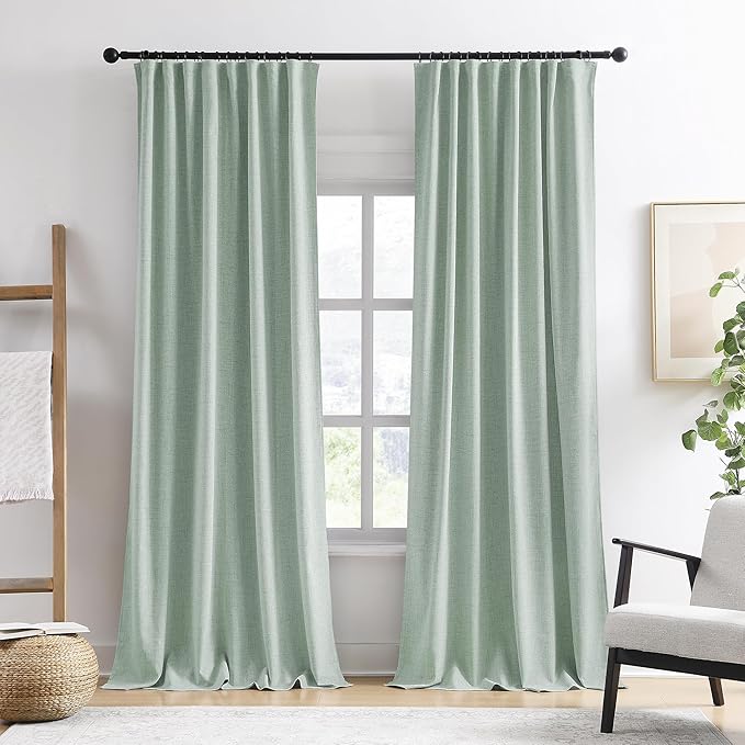 RAIN CITY Light Green Linen Blackout Curtains 108 Inch Long for Living Room,2 Panels Pinch Pleated Drape with Hooks Back Tab Boho Decor, Textured Full Black Out Curtains for Bedroom 50 x 108