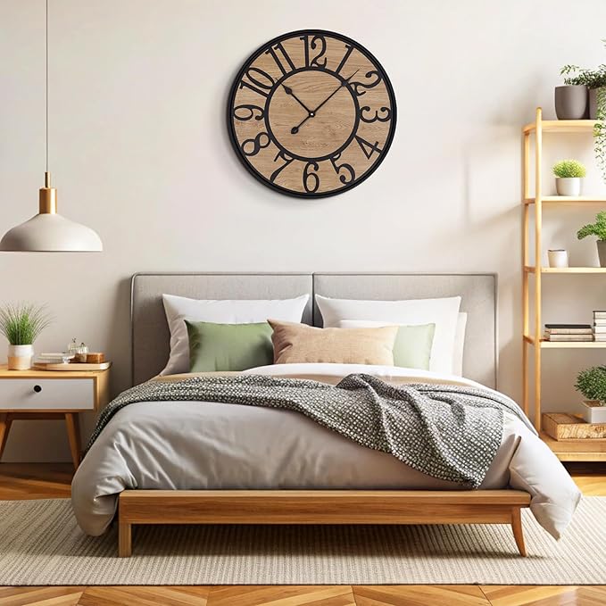 Maxstar Large Wall Clock for Living Room,Metal & Wood Silent Rustic Farmhouse with Arabic Numeral, Battery Operated Wall Clocks Decorative for Bedroom Office Home Decor 24inch Black