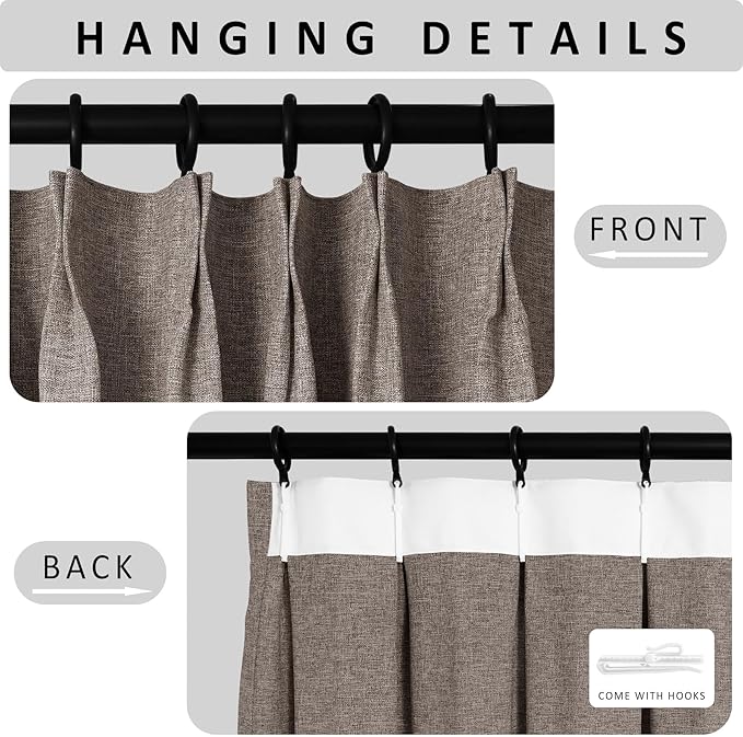 Macochico Pinch Pleated Blackout Curtains 102 Inches Long 100% Light Blocking Light Coffee Linen Drapes for Bedroom Living Room Farmhouse Shabby Chic Burlap Curtains with Tieback 72”Wx102”L 1 Panel