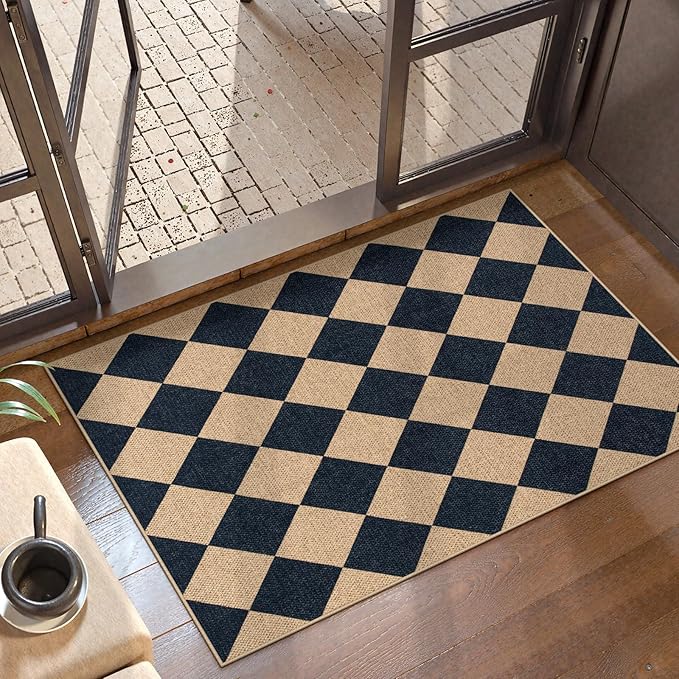 Lahome Checkered Easy Jute Kitchen Rug, 2x3 Front Door Mat Non Slip Washable Neutral Area Rug, Farmhouse Diamond Non Shedding Low Pile Floor Carpet for Entryway Porch Doorway