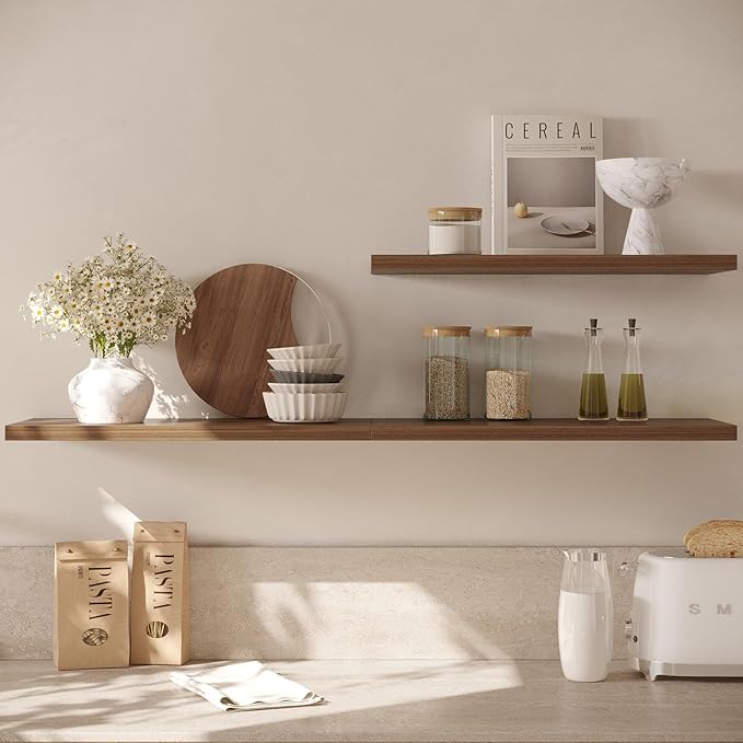 Wall Shelf Set of 2, Walnut Floating Shelves 36 in W x 10 in D x 1 in H, Wooden Floating Wall Shelf with Invisible Brackets for Living Room/Bedroom/Bathroom/Kitchen Storage and Decor