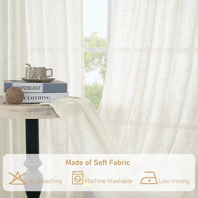 LAMIT Cream Linen Curtains 63 Inches Long for Living Room, Bronze Grommet Linen Drapes Light Filtering Sheer Window Curtains for Bedroom, Set of 2 Panels(38 x 63 Inch)