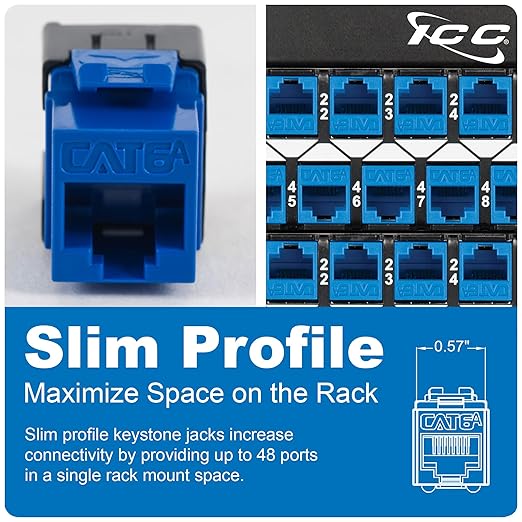 ICC CAT6A Keystone Jack with Slim Profile 180 Degree Punch Down, 10Gbps RJ45 UL Listed PoE++ TAA Compliant for Wall Plate or Patch Panel, Works with JackEasy Termination Tool, Blue 10 Pack