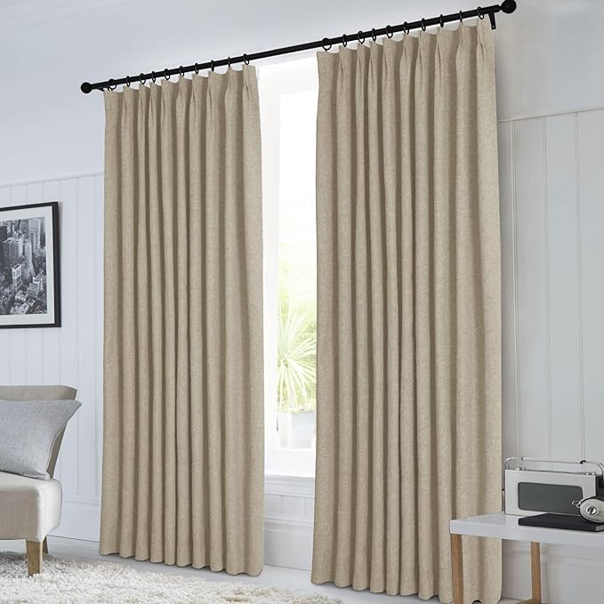 Macochico 100”Wx102”L 100% Blackout Pinch Pleated Linen Curtains for Sliding Door Bedroom Living Room Farmhouse Thermal Insulated Light Khaki Burlap Drapes with Tieback 1 Panel Shabby Chic Style