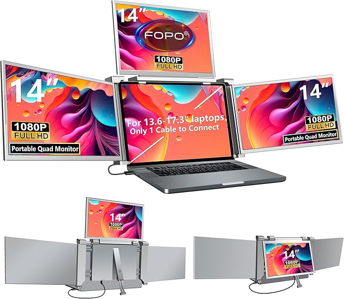 FOPO 14" Laptop Screen Extender Monitor Portable, Quad Monitor, Just 1 Cable for 3 Screens, FHD 1080P IPS Laptop Extender Compatible with Wins/Mac(M1 M2 M3) for 13.6" - 17.3" Laptops