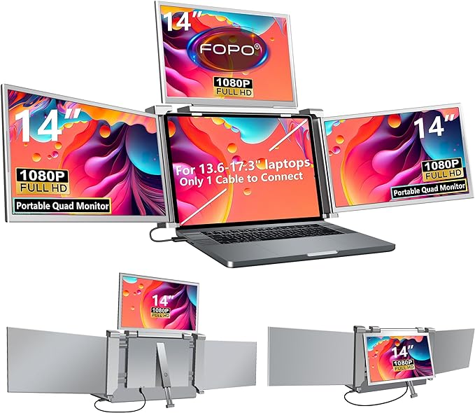 FOPO 14" Laptop Screen Extender Monitor Portable, Quad Monitor, Just 1 Cable for 3 Screens, FHD 1080P IPS Laptop Extender Compatible with Wins/Mac(M1 M2 M3) for 13.6" - 17.3" Laptops