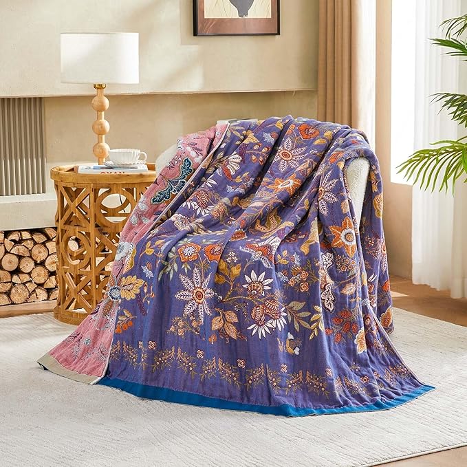 Boho Blanket, 100% Cotton Farmhouse Decorative Throw Blanket, 50"x60" Reversible Bohemian Throw Blanket, Purple All Season Muslin Breathable Woven Blankets Quilt