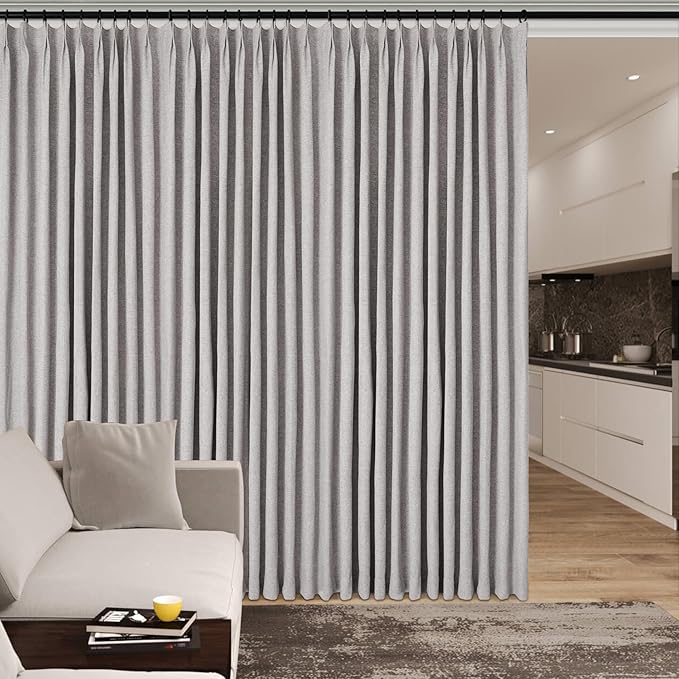 150 Inches Extra Wide Room Divider Draperies, Pinch Pleat Drapes, Absolutely Blackout Sliding Door Drapery, Total Privacy Ceiling Track Curtains, 150" W by 96" L, Browish Grey (1 Panel)