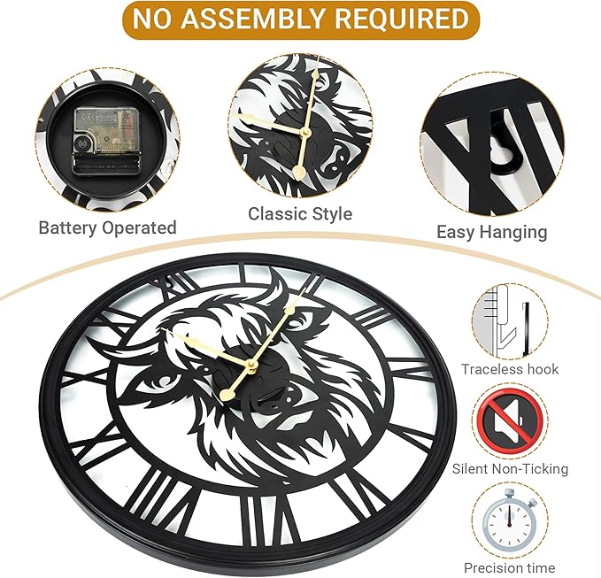 30inch Large Wall Clocks for Living Room Decor,Big Wall Clocks Battery Operated, Slient Black Metal Decorative Oversized Wall Clock for Bedroom, Kitchen (Highland Bull Wall Clock, 30 Inch)