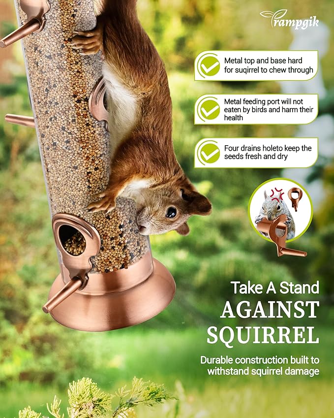 Metal Tube Bird Feeders for Outdoors Hanging,Finch Feeders for Outside,All Metal Brushed Copper Finishing,14 Inch 6 Port (Seed is not Included)