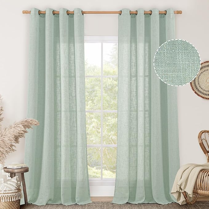 LAMIT Living Room Linen Curtains 95 Inch for Bedroom, Bronze Grommet Linen Textured Sheer Curtains Light Filtering Burlap Drapes for Farmhouse, 2 Panels, 52 x 95 Inch, Light Sage