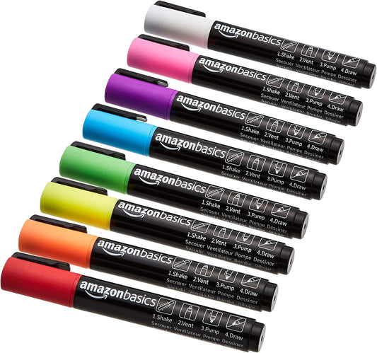 Amazon Basics Bullet/Chisel Reversible Tip Chalk Markers, Bold Point, 8-Pack, Bright Colors