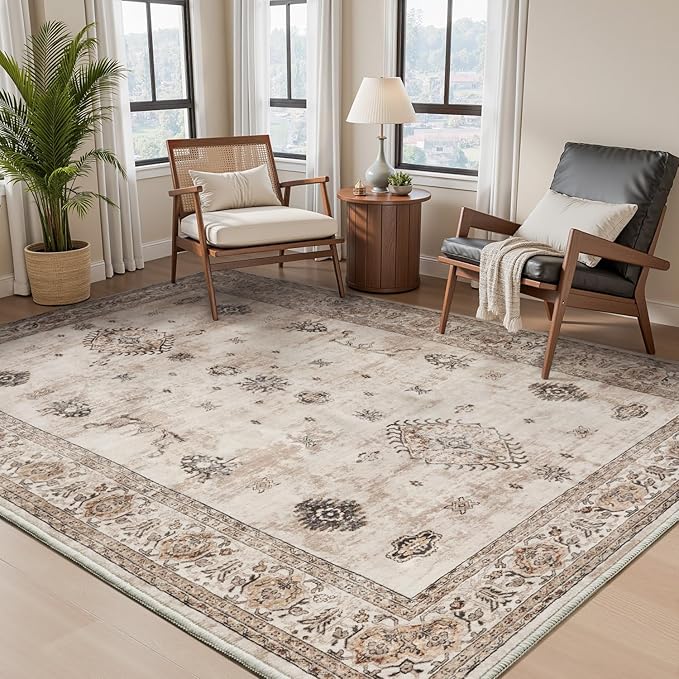 AMOAMI-Vintage Area Rug 3x5 Brown Rugs for Living Room-Soft Washable Rug Non Slip Entryway Rug Indoor Vintage Throw Accent for Bedroom Laundry Room Dining Bathroom Bedside