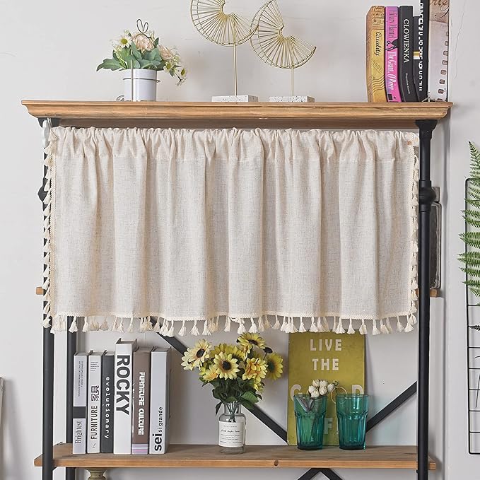 Sutuo Home Boho Sheer Curtain Valance Cotton Linen with Bohemian Handmade Tassels, Short French Farmhouse Window Treatment for Kitchen Cafe, Rod Pocket, 1 Panel 59" W x 18" L, Natural