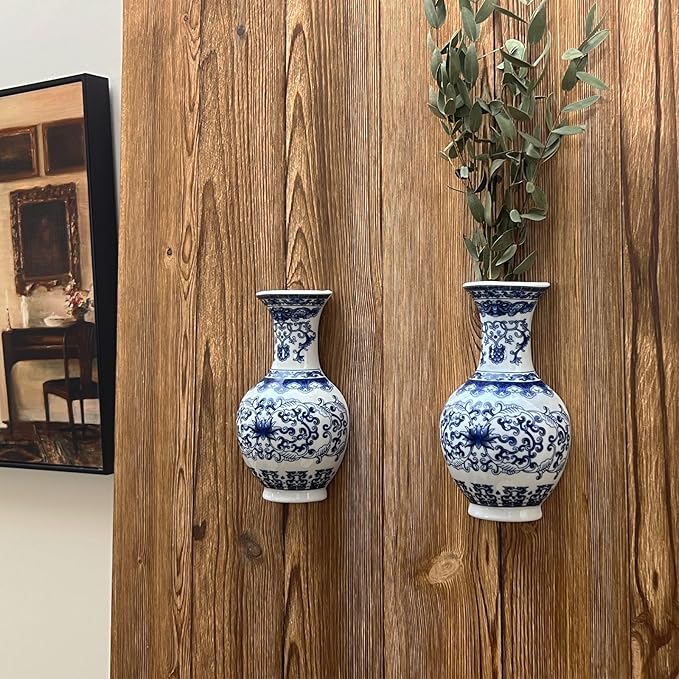 Set of Two Blue and White Porcelain Wall Vases for Flowers – Handmade Chinoiserie Ceramic Wall Mounted Flower Vase, Decorative Hanging Vases for Living Room, Bookshelf & Indoor Décor