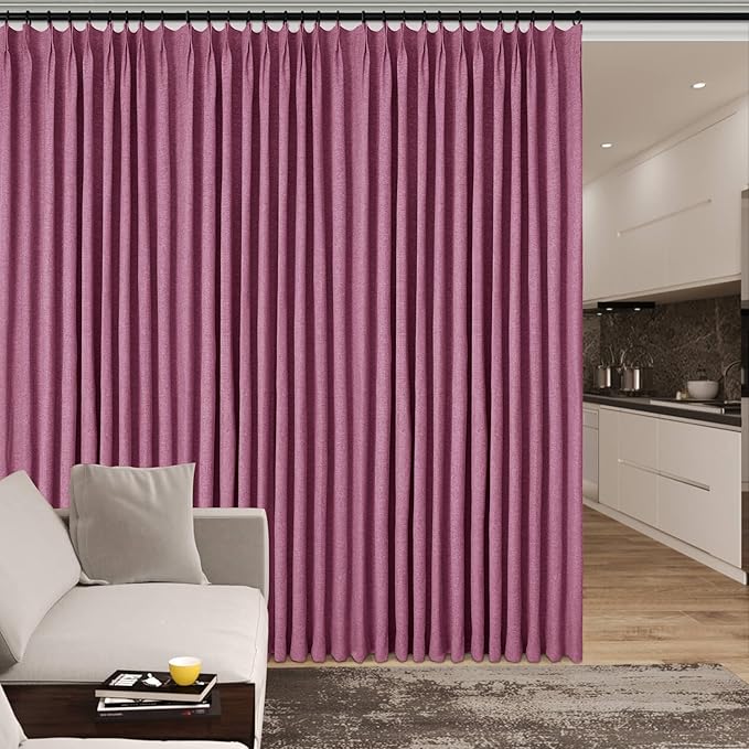 Extra Wide 100% Blackout Linen Textured Curtains - Room Dividers, W150 x L108 (1 Panel), Pinch Pleat Drapes for Living Room, Full Light Block Out Drapery for Sliding Door, Lilac