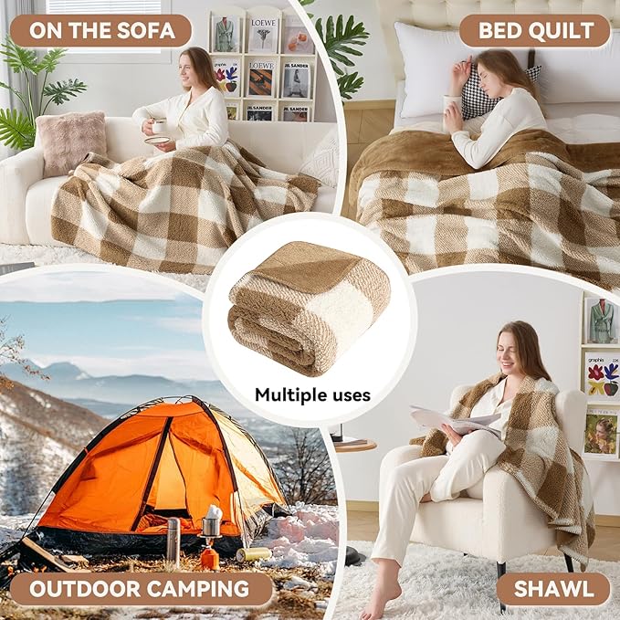 LURKA Checkered Sherpa Fleece Throw Blanket - Extra Thick and Warm Winter Soft Fuzzy Plush Blanket for Couches, Beds & Pets, Brown, 50x60 Inches