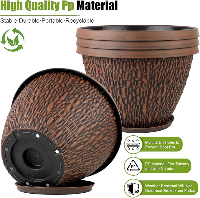 4 Pack 12 Inch Pots for Plants, Plastic Outdoor Flower Pots with Drainage Hole & Tray, Large Planters for Garden Porch Home Indoor Outdoor Decor - Pebbles Pattern Design Plant Pots