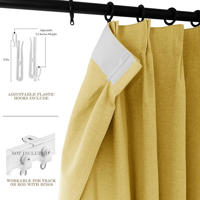 Full Blackout Privacy Curtains, 240 Inch Extra Wide Linen Blend Drapes, Pinch Pleat Window Drapery for Room Divider Storage/Space Room Separation, 1 Panel, W 240" x L 102", Yellow
