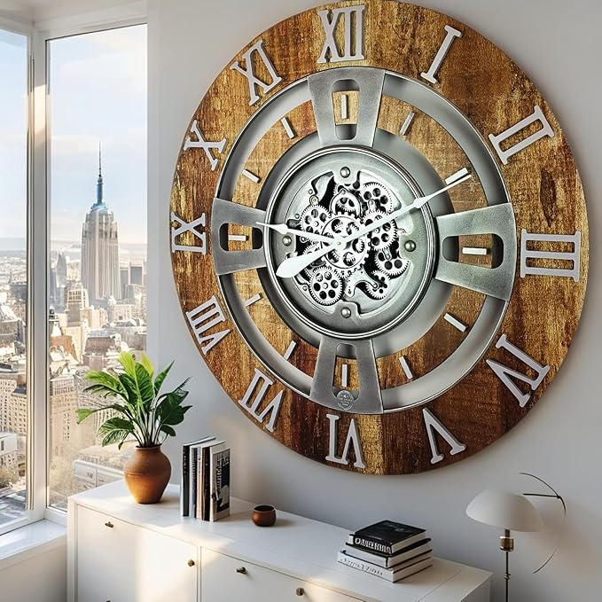 The Gears Clock Real Moving Gear Wall Clock England Line (Vintage Brown, 36 inches (90 cm))