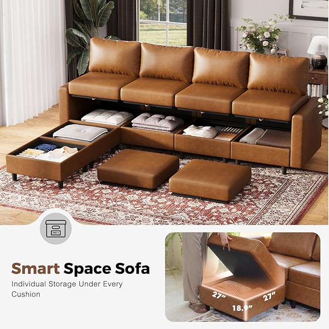 ABCASA 118.5" Faux Leather Modular Sectional Sofa, L Shaped Couch Set for Living Room, 6-Seater Comfy Cloud Couches with Movable Storage Ottoman Brown
