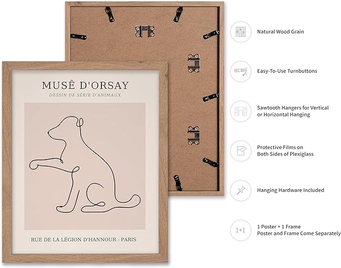 Poster Master Vintage Poster - Retro One Line Dog Drawing Print - Dog Art - Minimal Gift for Men, Women, Animal Lover - Abstract Wall Decor for Home, Office, Bedroom, 11x14 Beige Framed