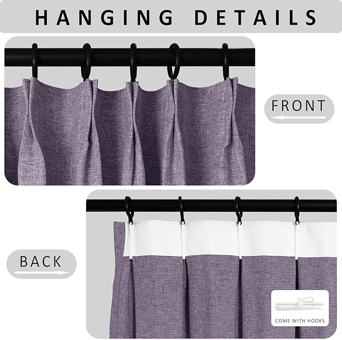Macochico 100% Blackout Violet Linen Curtains 84 Inches Long Pinch Pleated Burlap Curtains for Bedroom Living Room Farmhouse Nursery Thermal Window Panels with Tieback 72”Wx84”L 1 Panel