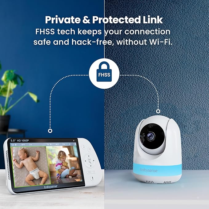 Babysense Full HD 5.5" Split Screen Baby Monitor with Camera and Audio, 6-Color Night Light, White Noise, Sound & Light Machine, 20-Hour Battery, Hack-Proof Non-WiFi Secure Connection
