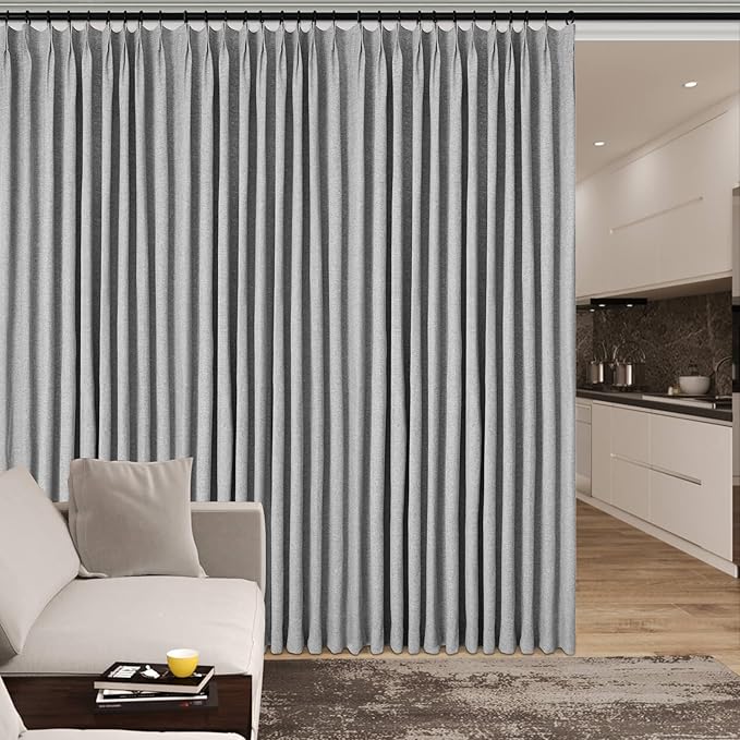 Light Grey Pinch Pleat 100% Blackout Drapes Linen Blend, Room Divider, Room Darkening, Energy Saving, Furniture Protecting, Light Blocking Extra Wide Privacy Curtains, 200Wx102L, 1 PC