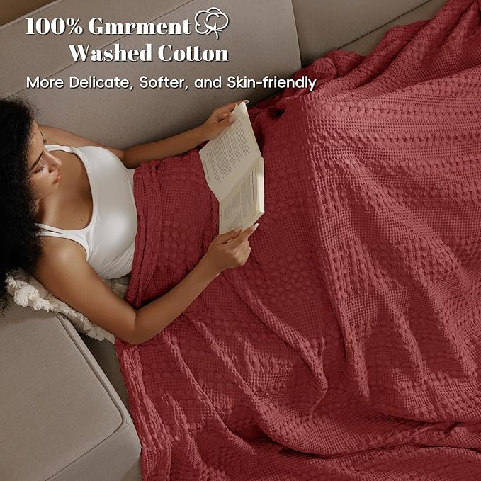 PHF 100% Cotton Waffle Weave Blanket Queen Size, Soft Lightweight Breathable Cozy Summer Blankets for Bed, Luxury Aesthetic Woven Bedding for Home Decor, 90"x90", Wine Red