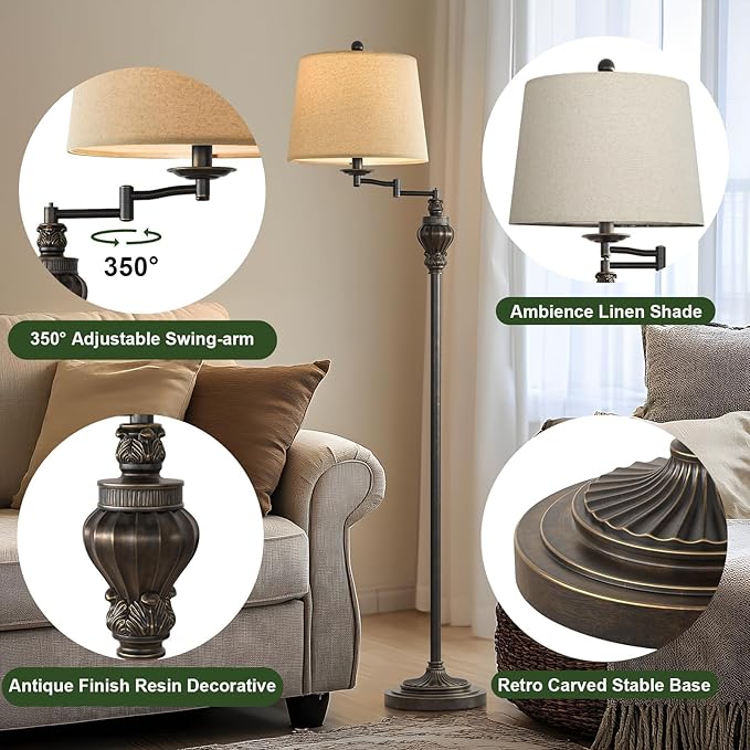 61" Vintage Floor Lamp with 350° Adjustable Swing Arm, Standing Lamp for Bedroom Living Room Bedside Nightstand Retro Farmhouse Mid Century Lamp Light Home Décor Office Gifts