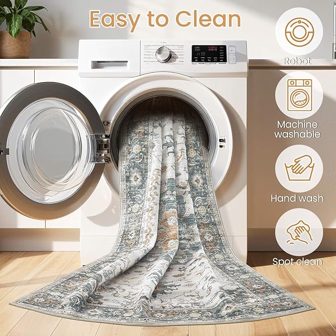 Washable Area Rugs for Living Room -10x14 Neutral Vintage Distressed Floral Farmhouse Boho Large Soft Floor Rug Indoor Non Slip Carpet for Living Room Bedroom Dining Room Office -Green/Grey