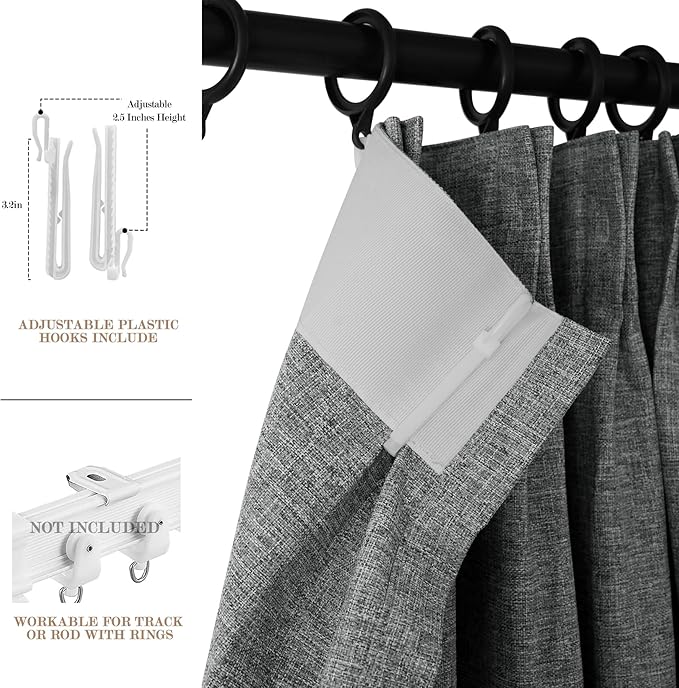 Extra Wide 100% Blackout Linen Textured Curtains - Room Dividers, W200 x L96 (1 Panel), Pinch Pleat Drapes for Living Room, Full Light Block Out Drapery for Sliding Door, Mid Grey