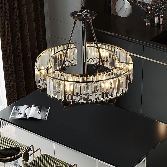 Vintage Crystal Chandelier Black 6 Lights Hanging Ceiling Light Fixture Iron Frame Pendant Lighting for Farmhouse Decoration Dining Table Living Room
