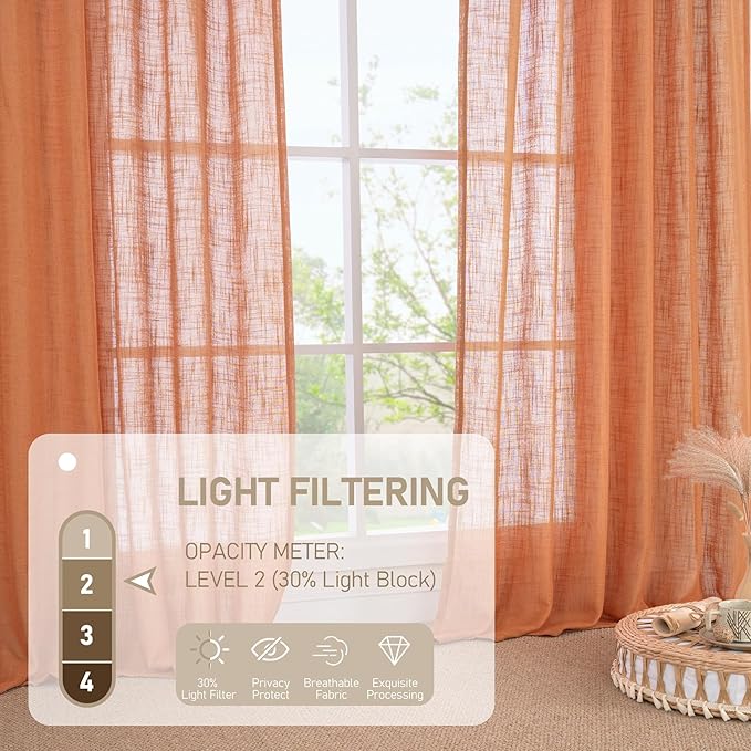 LAMIT Burnt Orange Sheer Linen Curtains 54 Inch Length, Light Filtering Panels Bronze Grommet Boho Farmhouse Decor Drapes for Bedroom/Living Room, 2 Panels, 52 x 54 Inch