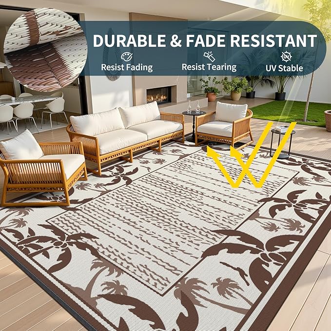COCOER Outdoor-Rug 8x10 ft Waterproof Reversible Outdoor Plastic Straw Rug RV Indoor Outdoor Carpet Quick Dry Patio Rug Camping Mat for Balcony Backyard Picnic Beach-Brown&Beige