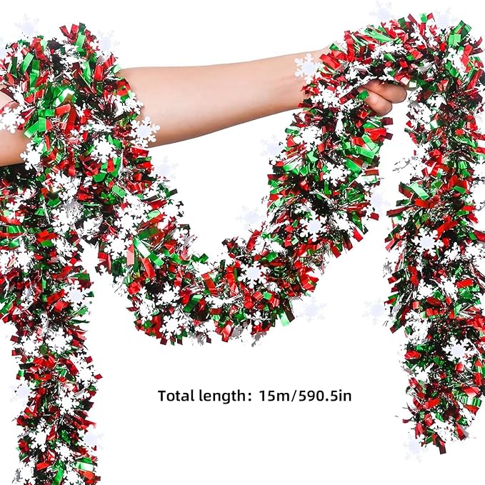50 Feet Green Red Christmas Metallic Tinsel Twist Hanging Garland with Snowflake for Home Mantle Xmas Tree Staircase Railing New Year Holiday Party Indoor Outdoor Decorations