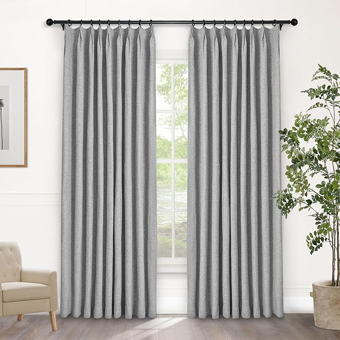 Macochico Pinch Pleated 100% Blackout Curtains Light Grey Linen Curtains for Bedroom Living Room Farmhouse Thermal Insulated Window Panels Pleated Curtains with Hooks and Tieback 52”Wx72”L 1 Panel