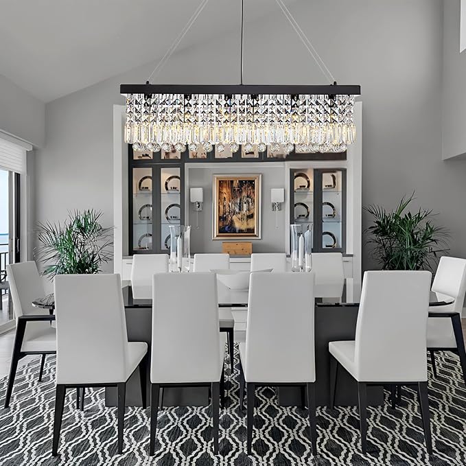 Rectangle K9 Crystal Chandelier,Rectangular Contemporary Pendant Light Fixture,Black Modern Crystal Chandeliers for Dining Room Kitchen Island L31.5''xW10''xH10''