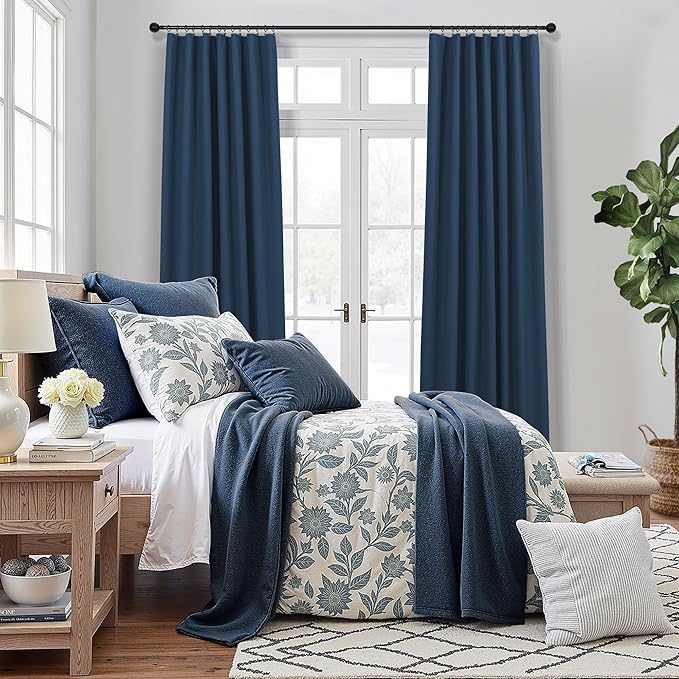 Navy Blue Blackout Curtains 108 Inches Long 2 Panel Large Window Back Tab Pleated Heavy Thick Linen Insulated Thermal Curtains Summer Heat Blocking Light Weight Black Out Drapes for Sliding Glass Door