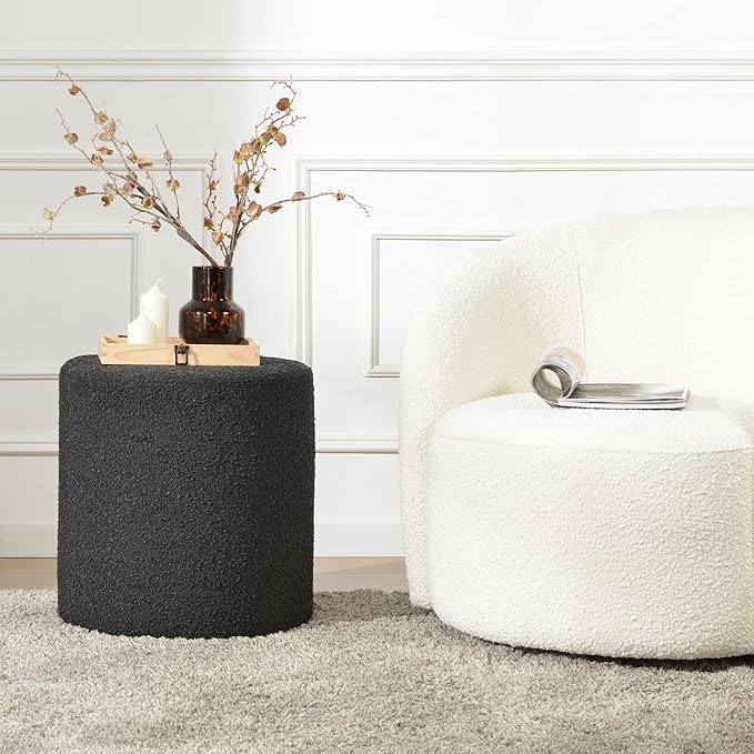 KINWELL 34" Boucle Swivel Barrel Chair with 18" Round Ottoman Set, Fully Assembled Set of Sherpa Accent Chair and Footrest, Modern Comfy Armchair and Footstool for Living Room and Bedroom, Black