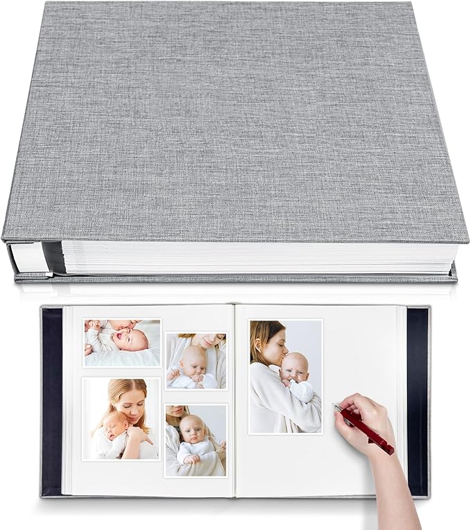 Large Photo Album Self Adhesive 4x6 8x10 10x12 13"x12.8" Magnetic Scrapbook 12.6"x11" Inch 40 Pages Linen Cover DIY Photo Album with A Metallic Pen and Plastic Board(Gray)