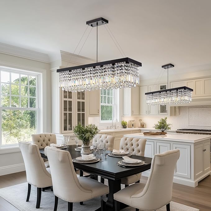 Rectangle K9 Crystal Chandelier,Rectangular Contemporary Pendant Light Fixture,Black Modern Crystal Chandeliers for Dining Room Kitchen Island L31.5''xW10''xH10''